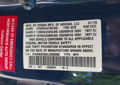 2020 Honda Cr-V Awd Ex from USA, damaged, VIN 7FARW2H52LE009388